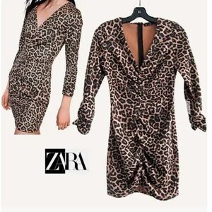 Zara Scuba Ruche Leopard Print Mini Dress Size M